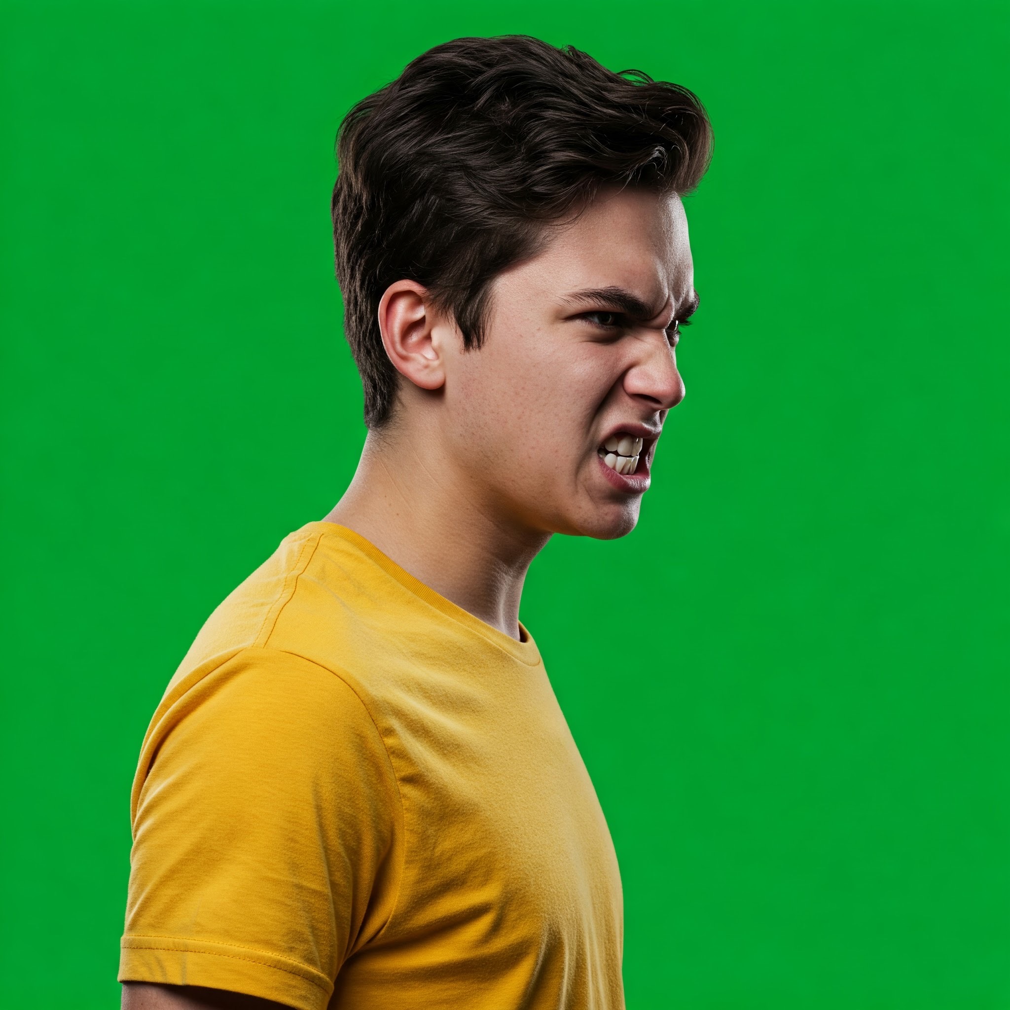 photo of Furious Young Man Yelling in Profile Against Green Screen